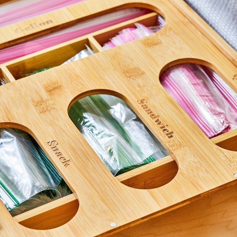 Bamboo Plastic Bag Storage Organizer Eco-Friendly Kitchen Drawer Divider New