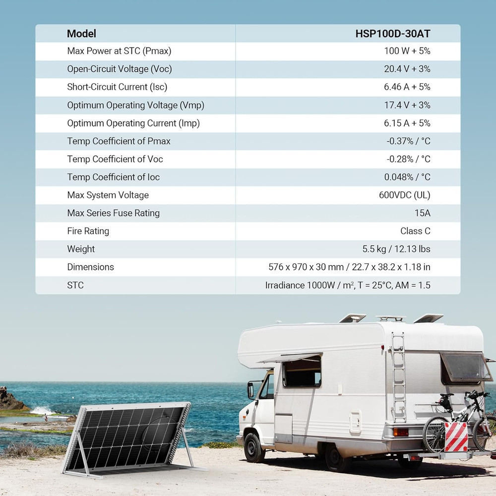-100W 12V Monocrystalline Solar Panel, High Efficiency Module PV Power for Batte