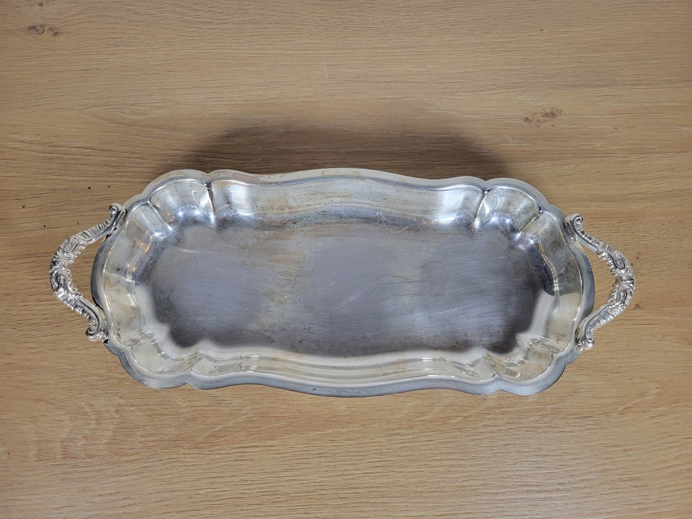 Silver Plate Etched Serving Tray Footed with Handles 13" Rectangular