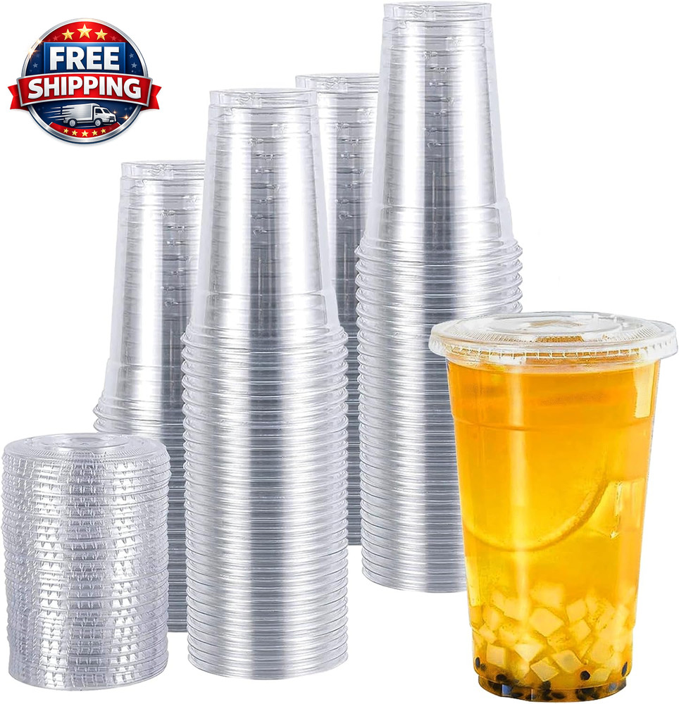 Clear Disposable Plastic Cups with Lids - 24 Oz, 100 Count