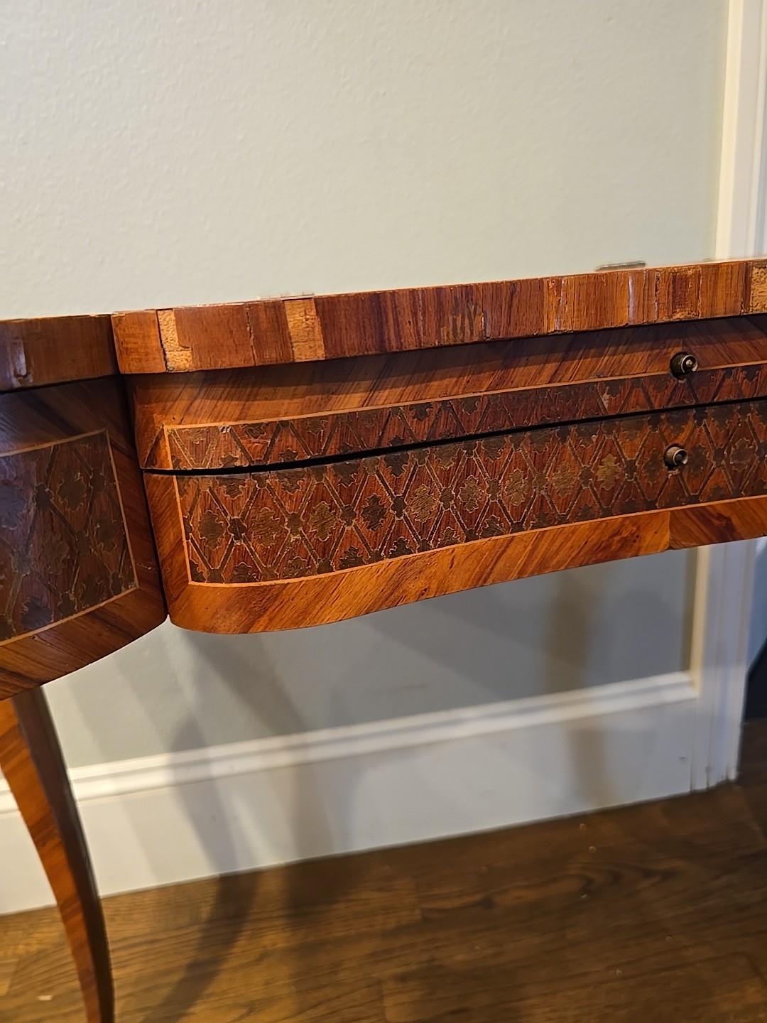"Antique vanity table from the late 1800s with intricate inlay & a hidden mirror
