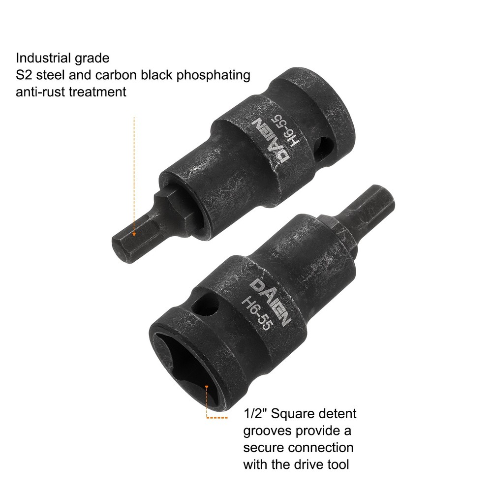 2pcs H6 Hex Bit Socket 55mm Length 1/2" Square Metric Impact Bit, Black