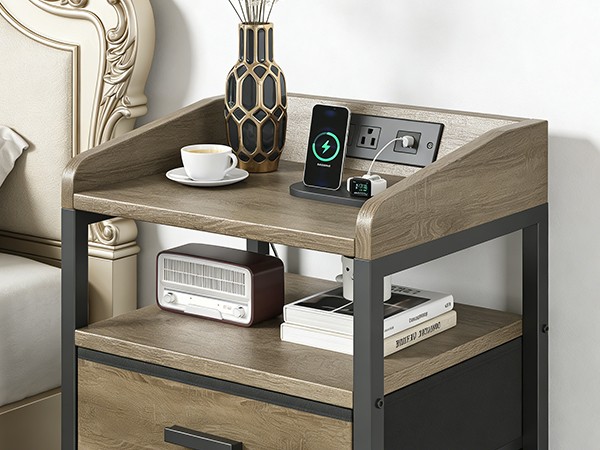 2 Pack Night Stand With Charging Station And Light Bedside End Table With 3
