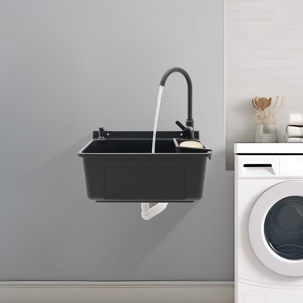 Wall-Mounted Bathroom Sink, Modern Laundry Sink, Rectangular Utility Sink Black