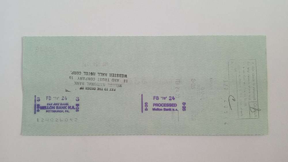 Hotel Webster Hall: 1978 Pittsburgh Pirates Expense Check