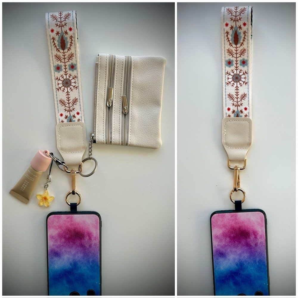 Floral Pattern Cell Phone Strap Set with Pouch and Charm, Adjustable, Universal