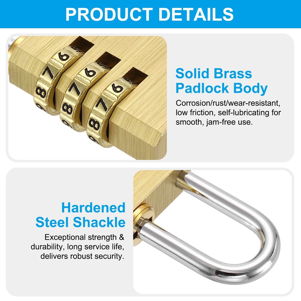 Brass Combination Lock 2.87", 2Pcs 3 Digit Resettable Combination Padlock Yellow