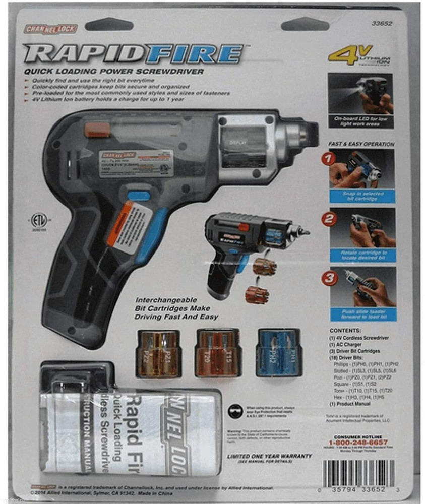 Channel Lock Rapid Fire Quick Loading Power Cordless Screwdriver 18 Driver Bits.