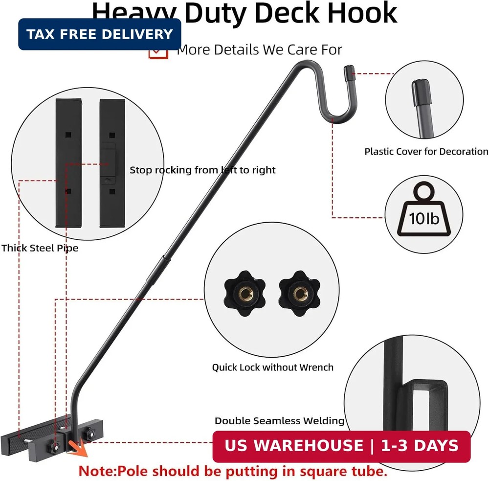 Deck Hook Railing Mount - Heavy Duty Metal Shepherds Hook Bracket for Outdoor Pl