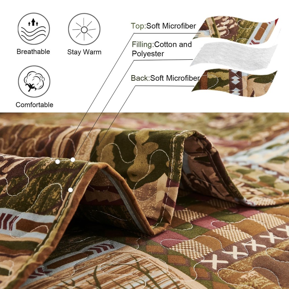 Moose Bear Quilt Set King Size Rustic Cabin Bedding King, Dark Coffee