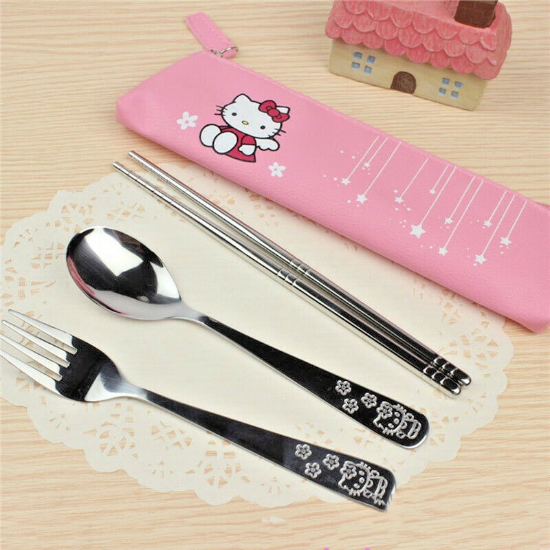 HELLO KITTY UTENSIL SET INCLUDES FORK, SPOON, CHOPSTICK & POUCH. STAINLESS STEEL