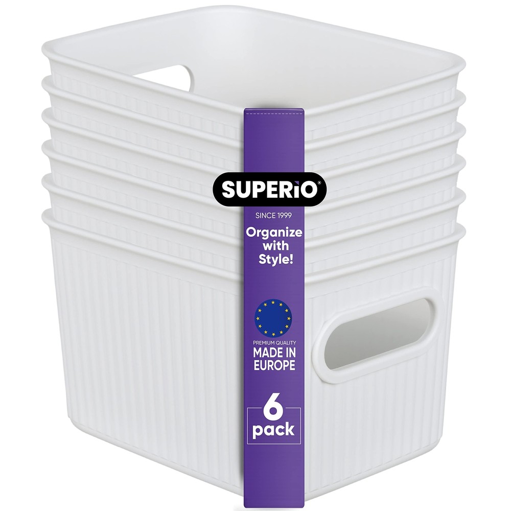 1.5 L Mini Ribbed Storage Bin, Decorative Plastic Storage Baskets, White, 6 Pack