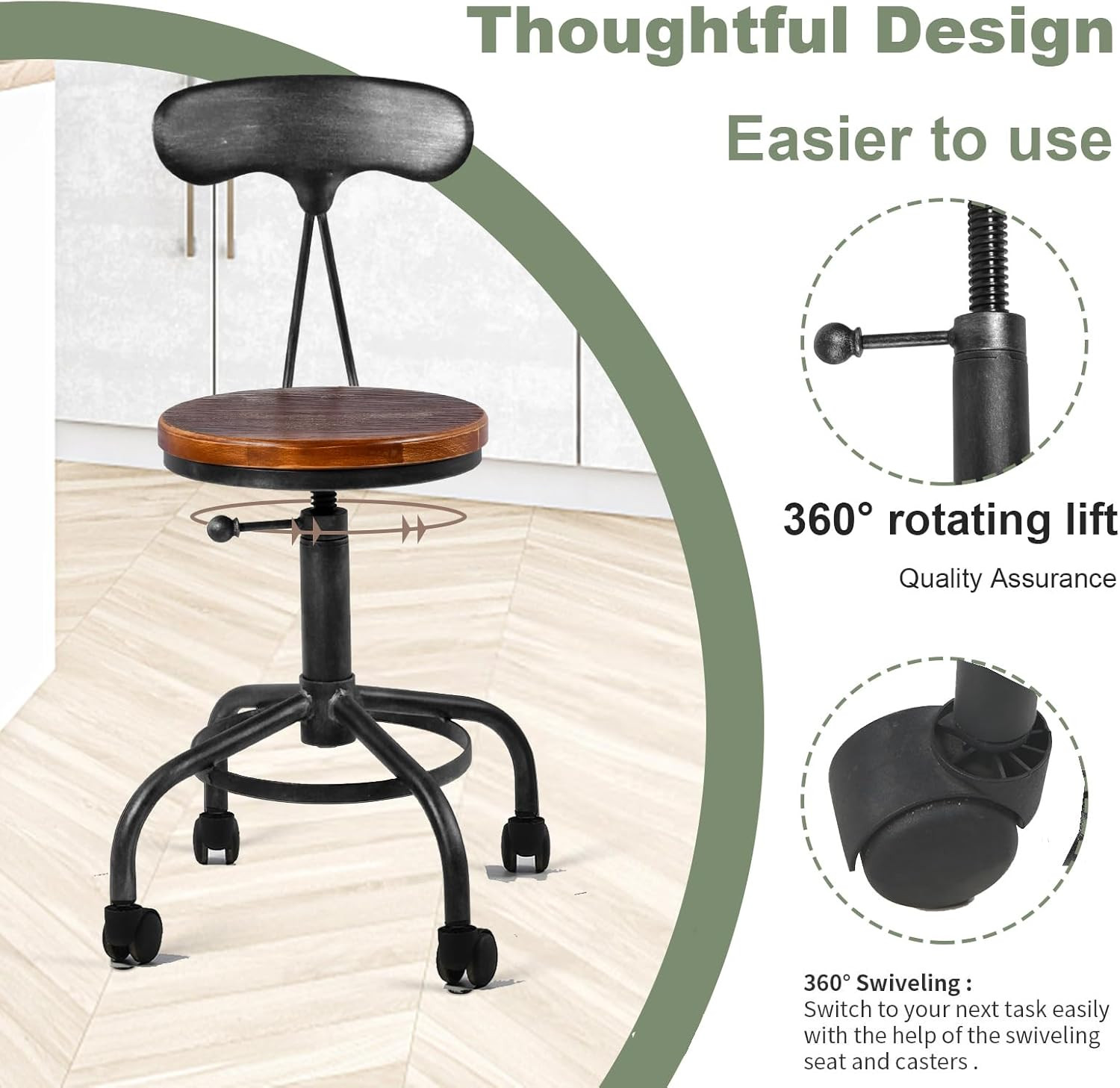 Industrial Adjustable Swivel Kitchen Stools with Wheels, Set of 2