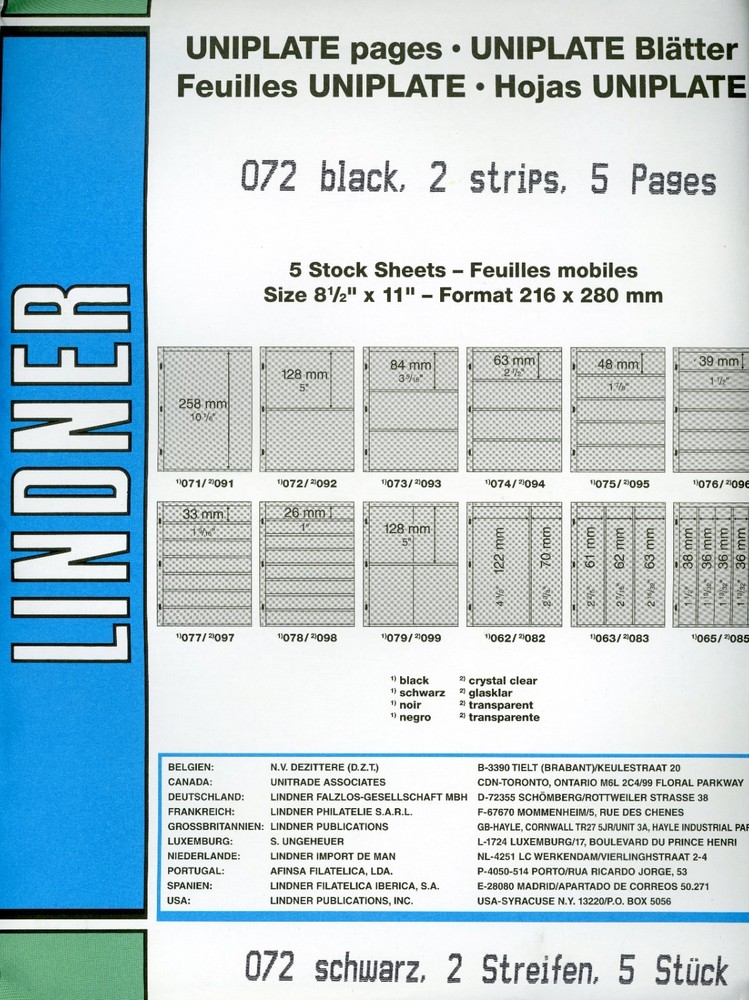 LINDNER UNIPLATE SYSTEM PAGES 072 BLACK 2 ROWS SEALED PACK OF 5 PAGES