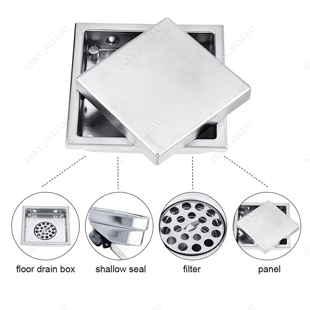 Square Shower Floor Drain 6-Inch Tiled Insert Grate Strainer