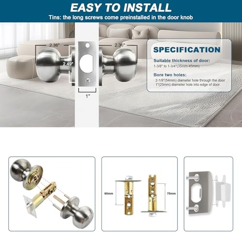 Passage Door Knobs Satin Nickel Door Knobs, for Hallway & Closet Non 6 Pack