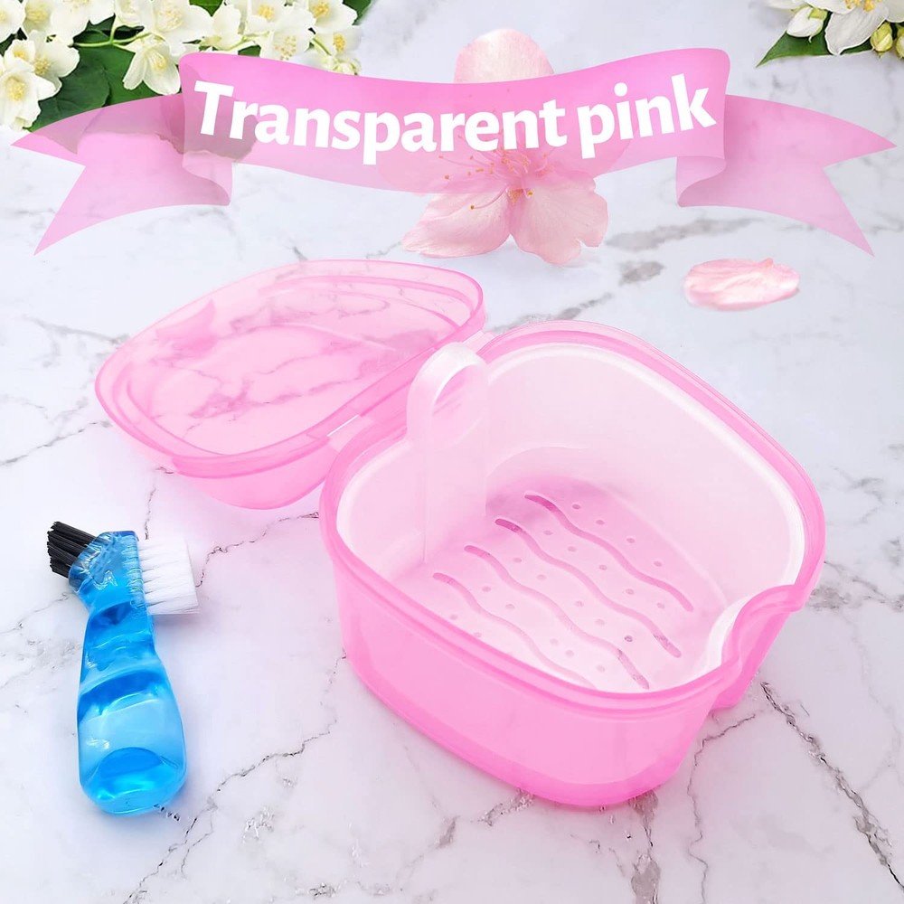 Denture Bath Case Soaking Cup with Brush, Holder Light Pink
