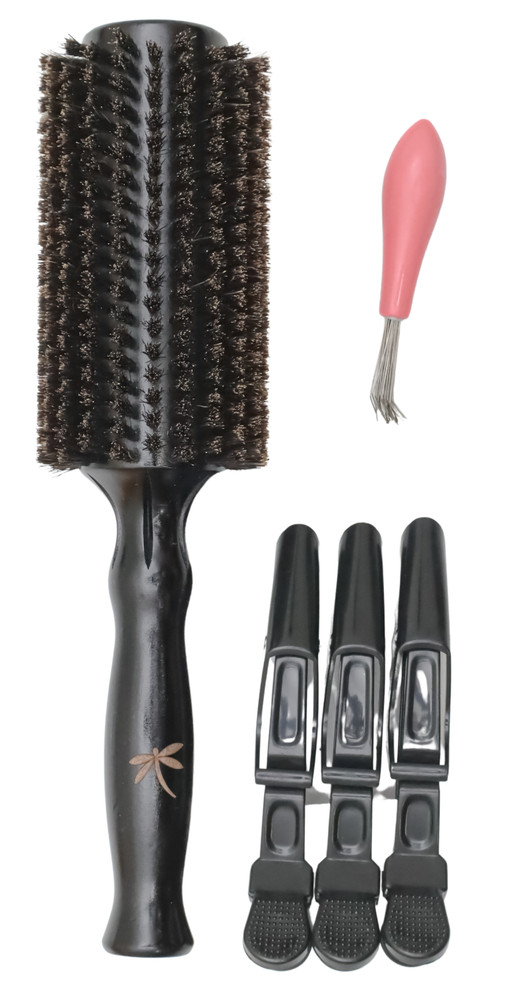 2.5" Medium Belula 100% Boar Bristle Round Brush w/ 3 Clips & Cleaning Tool