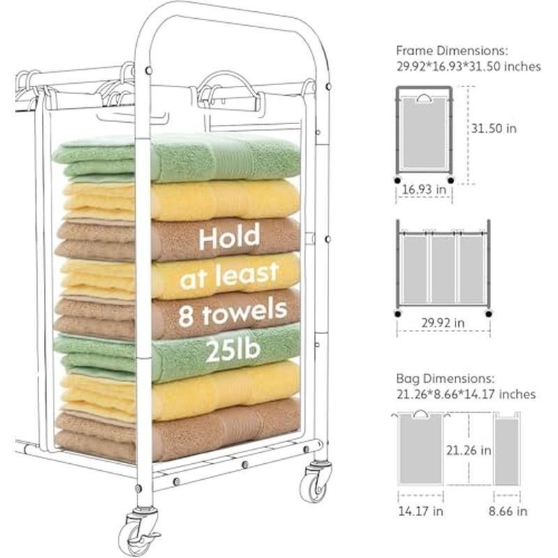 Laundry Sorter 3 Section Hamper W/ Rolling Lockable Wheels Removable Bags New