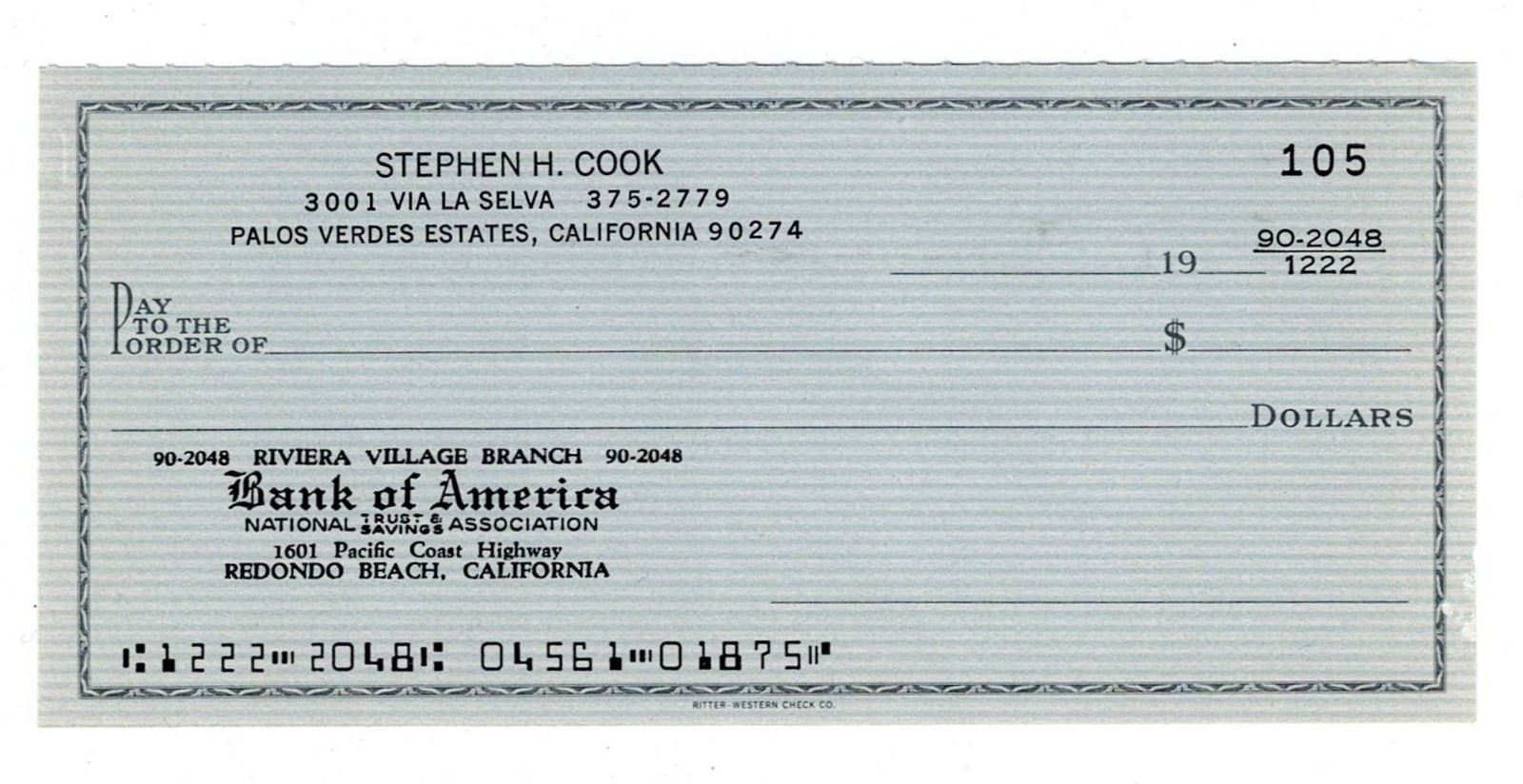 1967 Vintage Blank Check - Bank of America NT & SA - Redondo Beach, California