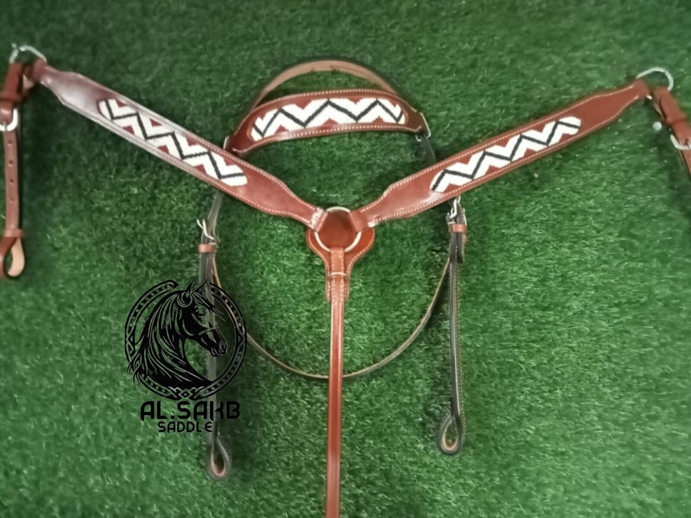 Beaded in Multicolor Brown Leather Halter and Breast collar .