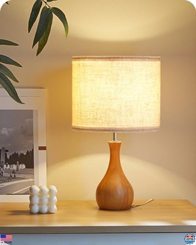 Charming 14.2" Small Table Lamp - Wood Bottle Base, Beige Shade, E26 Socket
