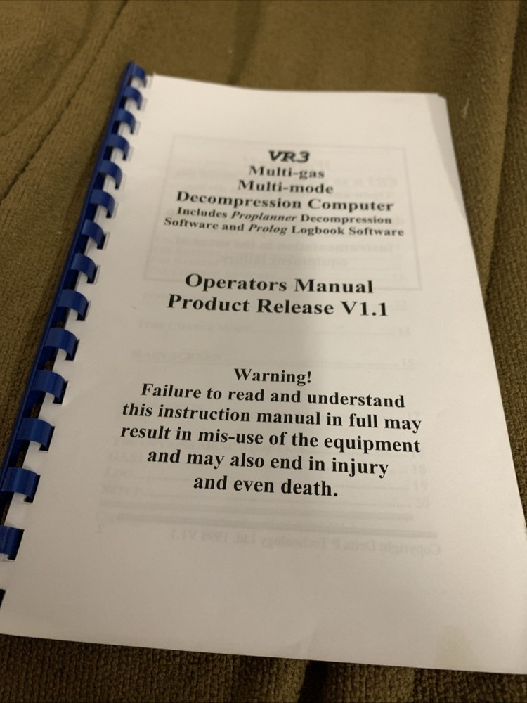 VR3 Scuba Decompression Computer Multi gas Multimode Operators Manual V1.1