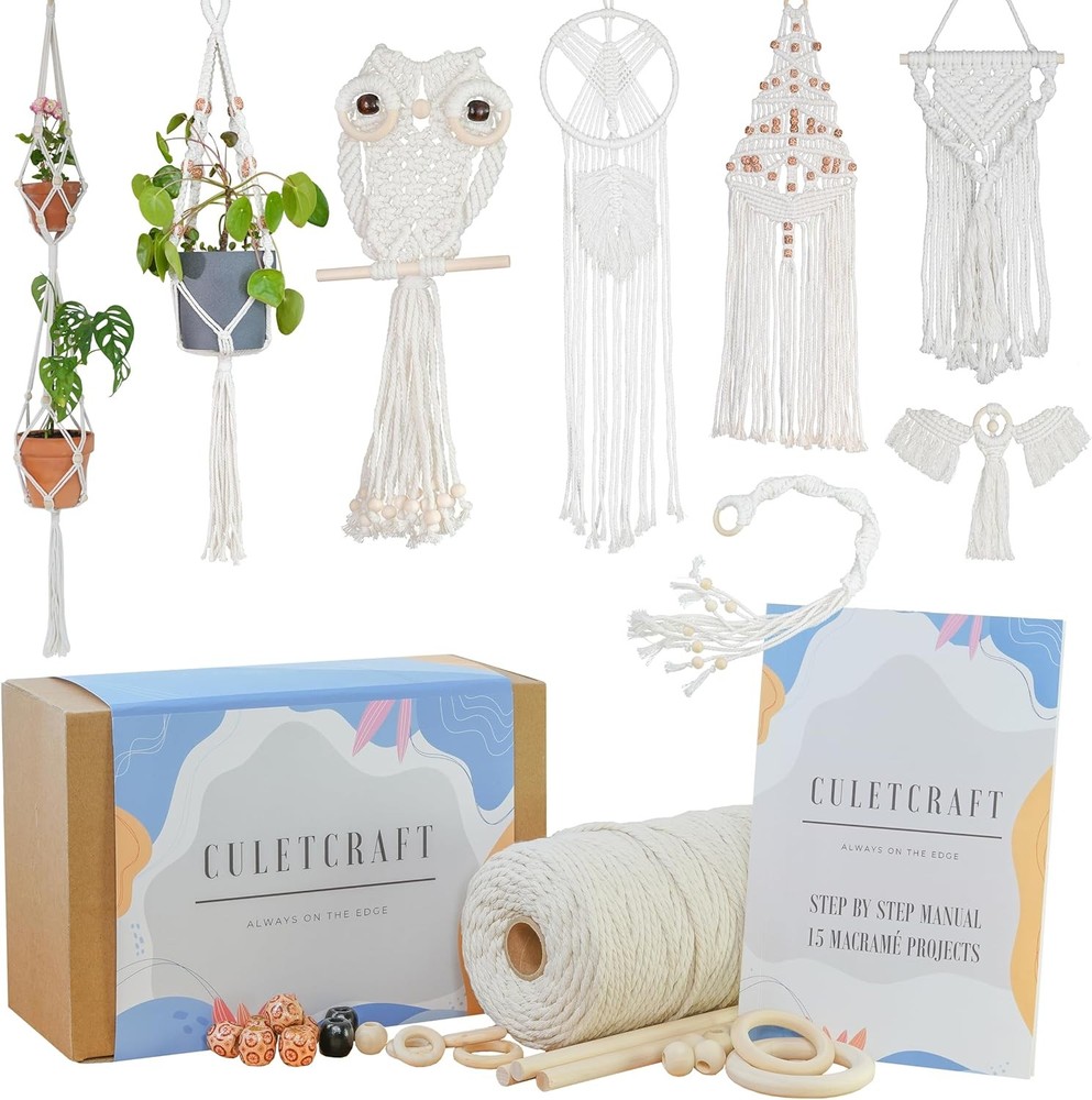 Macrame Kit for Beginners 153pc, 15 Projects Book, 164yd Cotton Macrame Cord