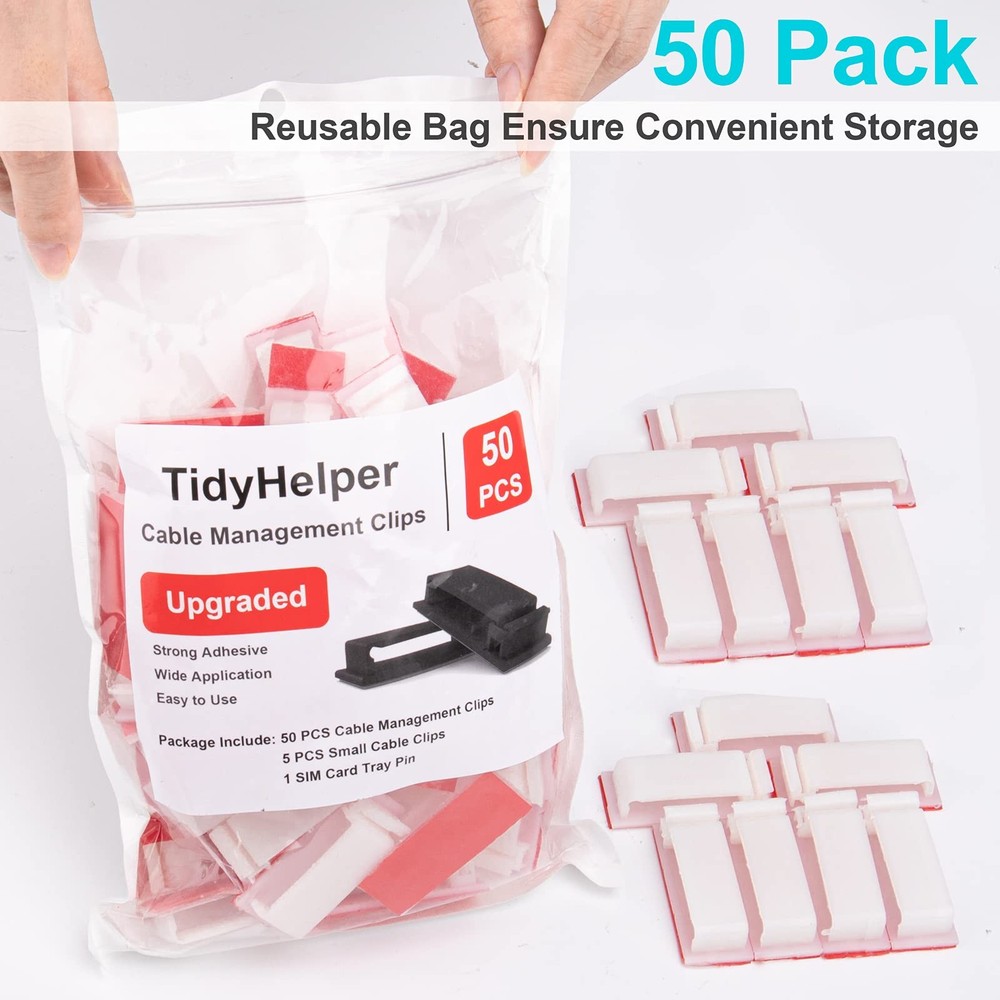 50 PCS Under Table Cable Management Clips White, Large Cable Clips for Comput...