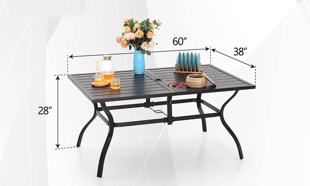 Outdoor Patio Dining Table with Umbrella Hole Rectangular Table Black