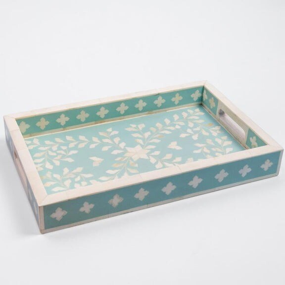 Bone Inlay Tray- Handmade Baby Blue Scroll Vine