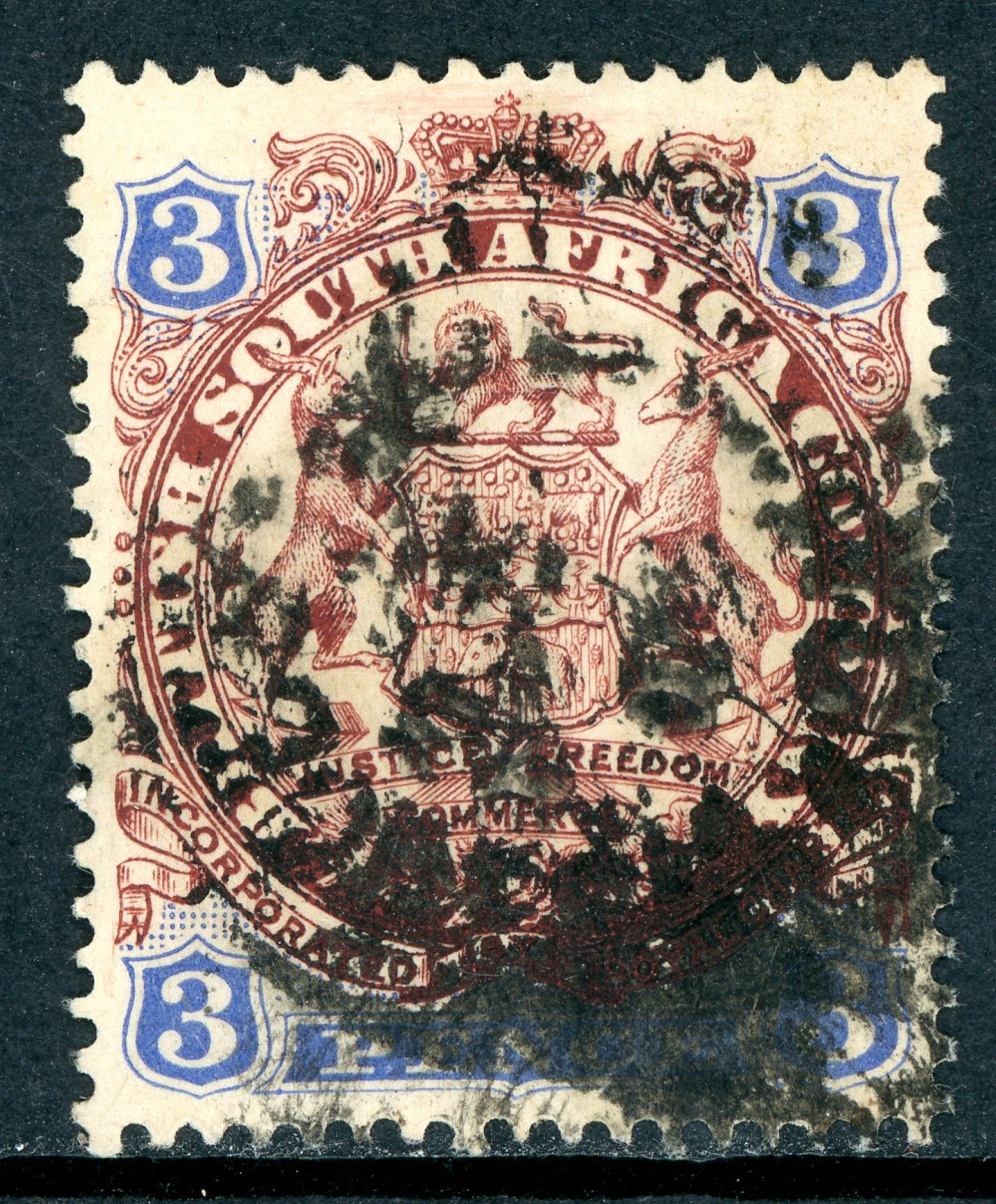 Rhodesia 1896 British QV 3p Chocolate & Ultra DIE 1 SG #31 VFU S590