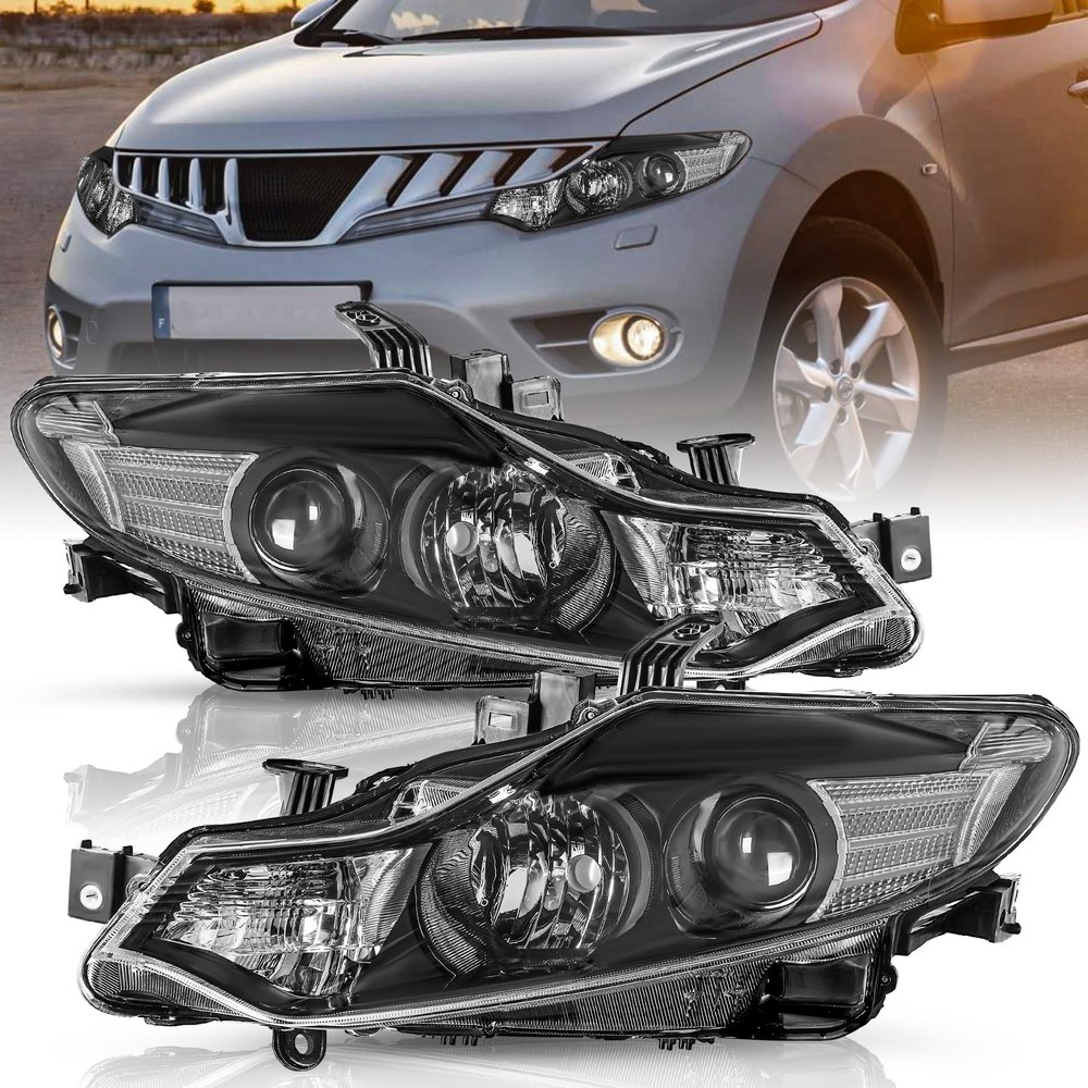 2009-2014 Murano Black Halogen Projector Headlight Assembly LH RH