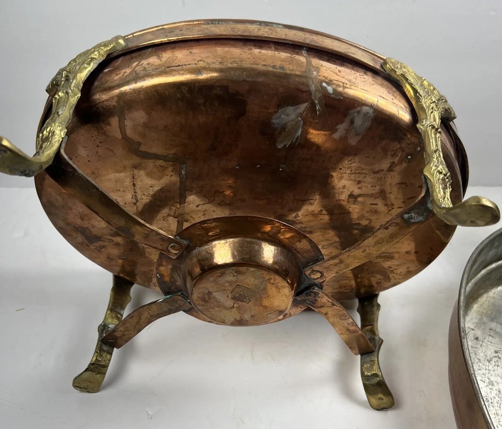 Large Oval Copper & Brass Chafing Dish 3 Pieces Lid, Pan & Stand Footed Server