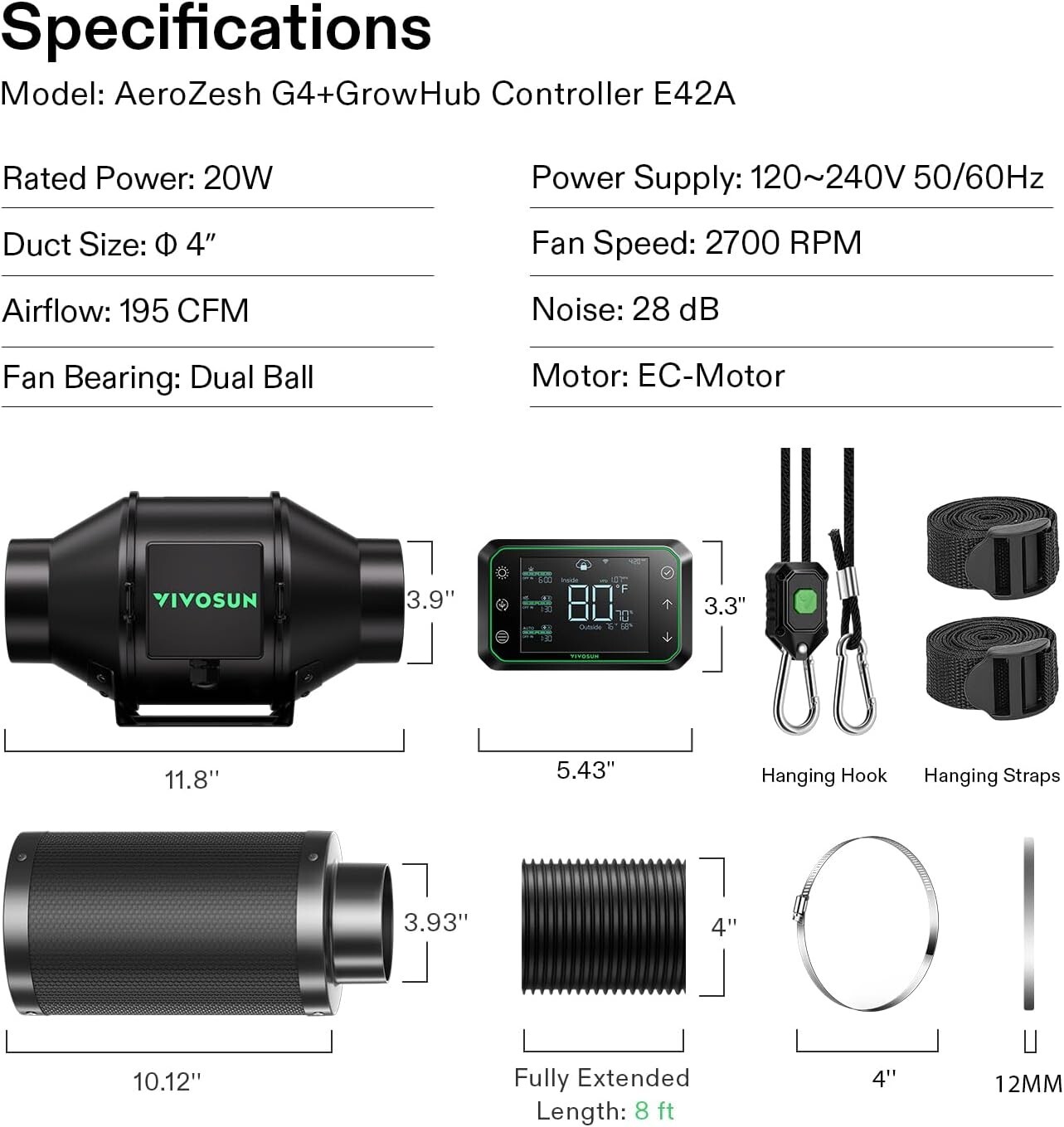 VIVOSUN AeroZesh G4 4'' 195 CFM Inline Duct Fan w/E42A,Carbon Filter,8' Ducting