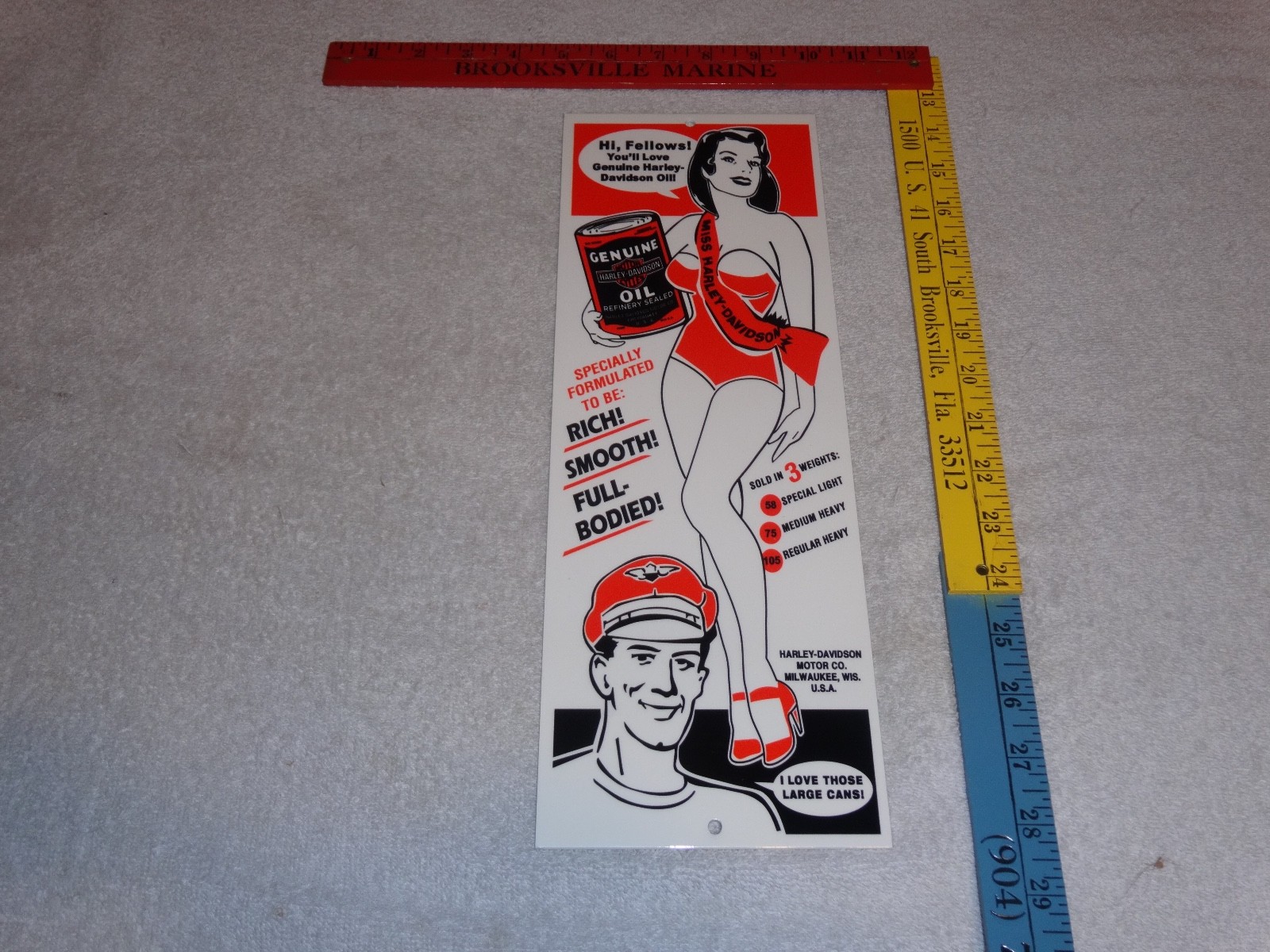 VINTAGE HARLEY DAVIDSON MOTORCYCLES WOMAN W/ LG OIL CANS 15" METAL GASOLINE SIGN