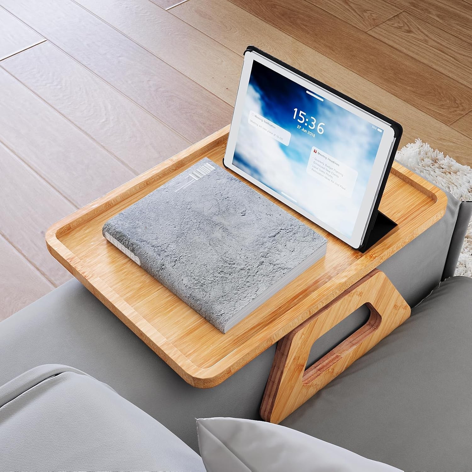 Bamboo Couch Arm Tray – Folding Sofa Armrest Clip On Table for Drinks Snacks Rem