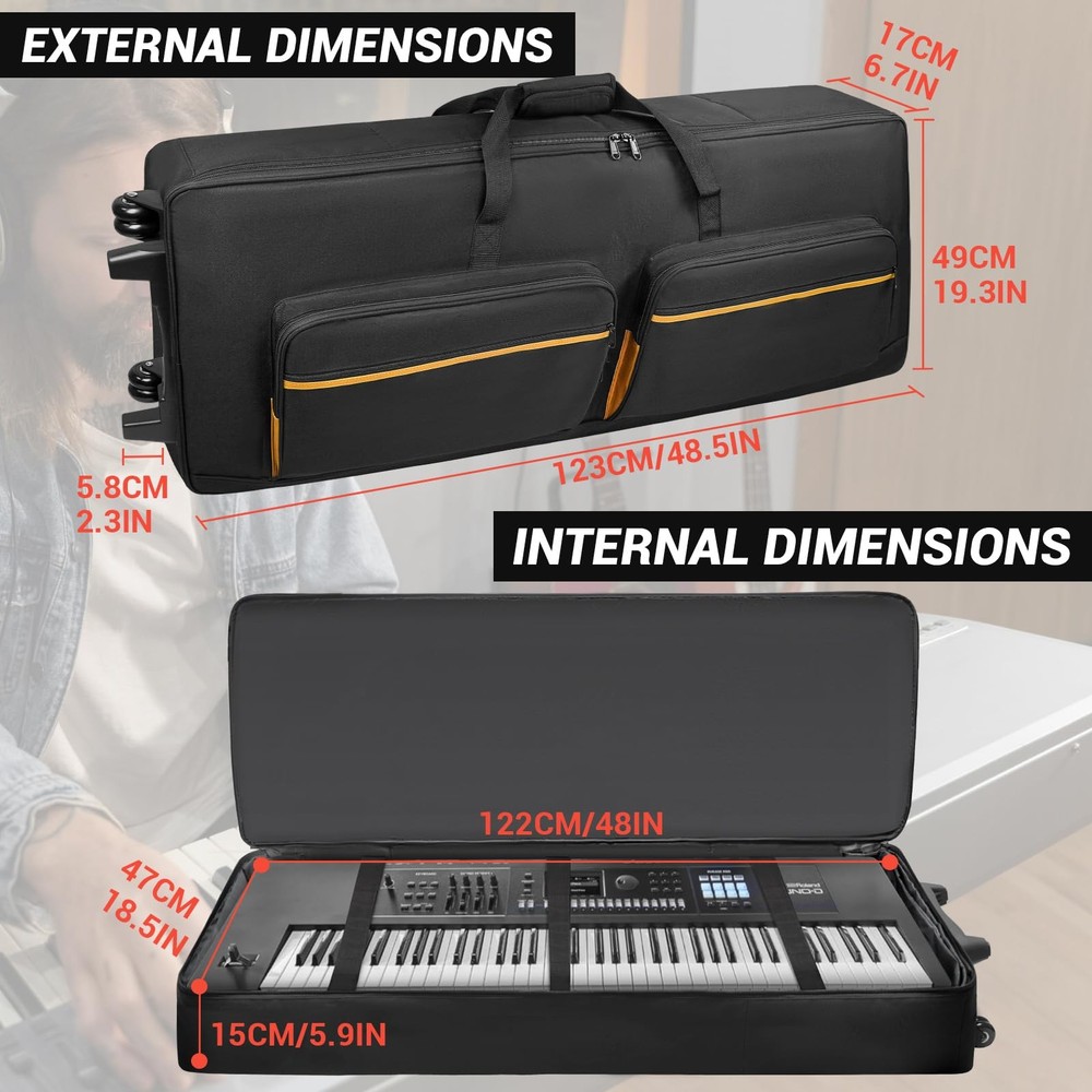 Padded 76-Key Keyboard Case with Wheels, Straps Accessory Pockets