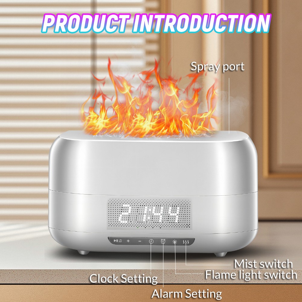 Flame Aroma Diffuser Humidifier Bluetooth Speaker Light Digital Display Clock