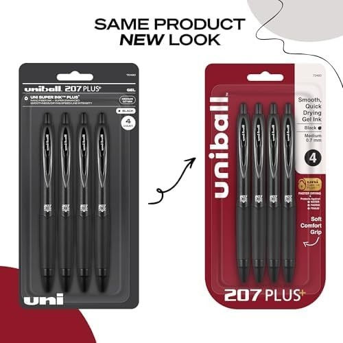 Uniball 207+ Black Retractable Gel Pens 3 Pack with Medium 0.7mm Points