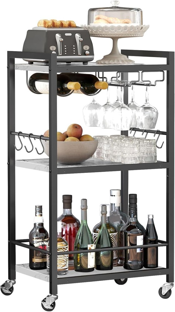 Elegant Marble White Bar Cart with Wine Rack - Stylish Multi-Function Design
