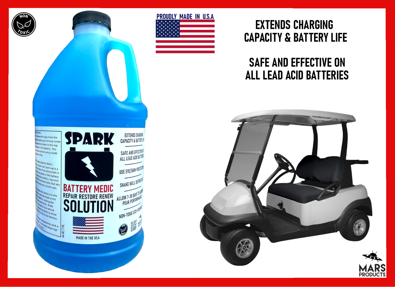 GOLF CART BATTERY RESTORE LIQUID SOLUTION, Repair 6,8,12 Volt, Larger 64oz Size