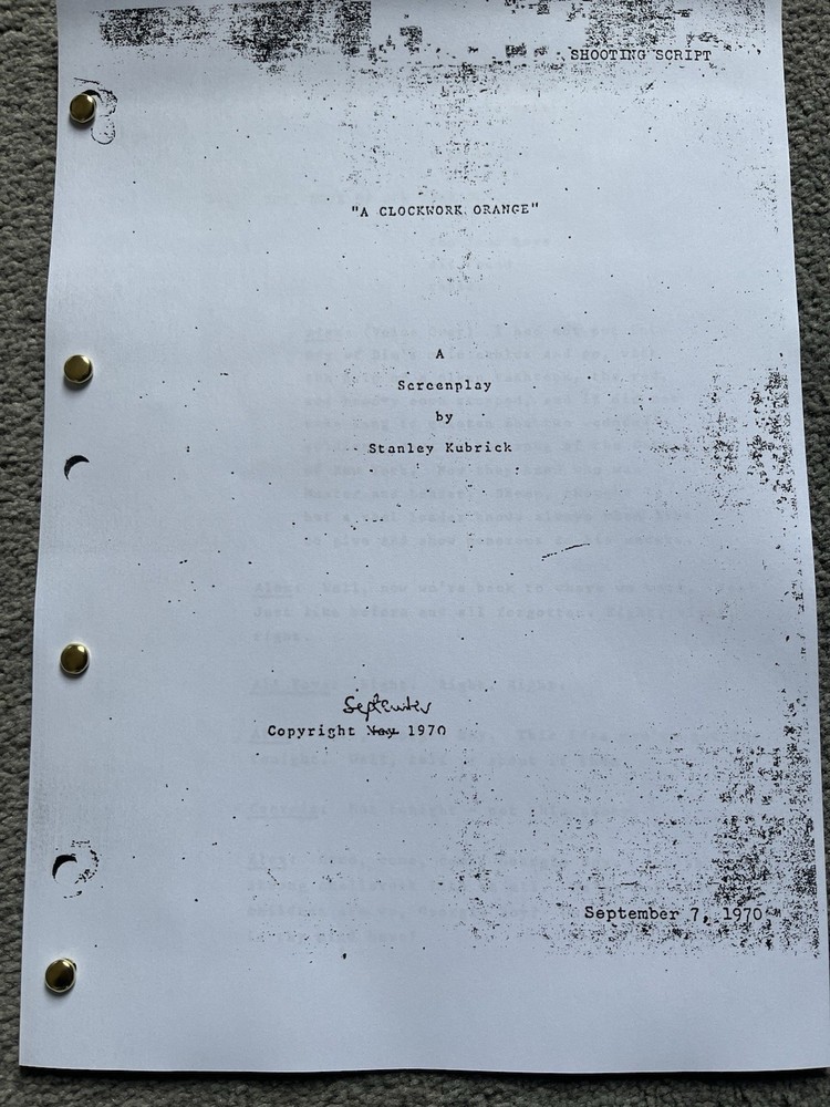 A Clockwork Orange Film Script. Malcolm McDowell, Adrienne Corri.