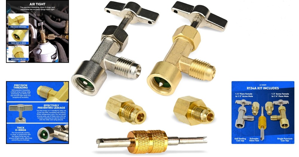 R134A Self-Sealing Adapter Kit with Valve Core Tool – Durable Brass Construction