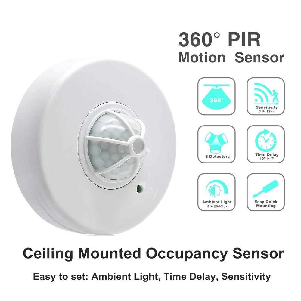 360 Degree Ceiling Occupancy Sensor, PIR Motion, Switch, 110V-240VAC, 3 Detect