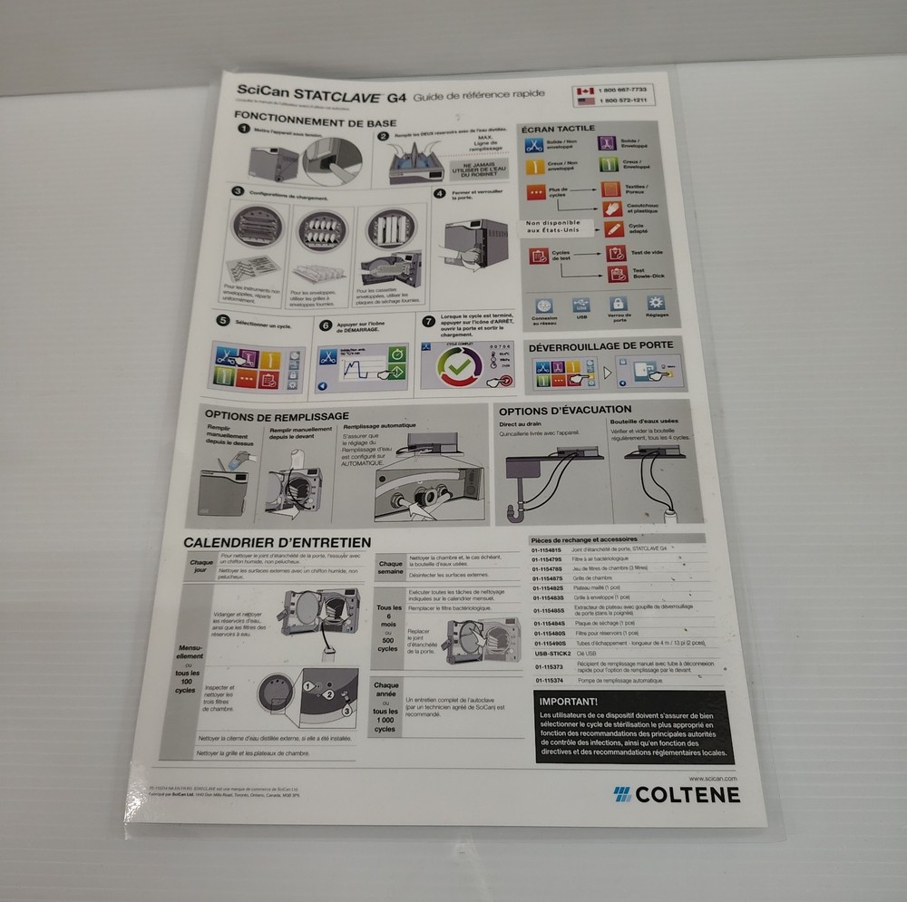 SciCan Statclave G4 Replacement/Spare Laminated 17 X 11 Quick Reference Guide