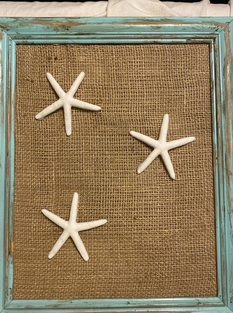 Distressed Turquoise Frame With Burlap Background With 3 Faux White Starfish
