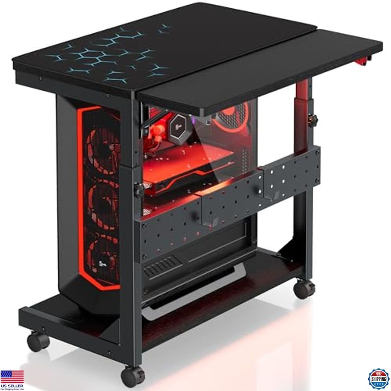 Height-Adjustable 2-Tier Computer Tower Stand with Rolling Wheels & Mouse Pad