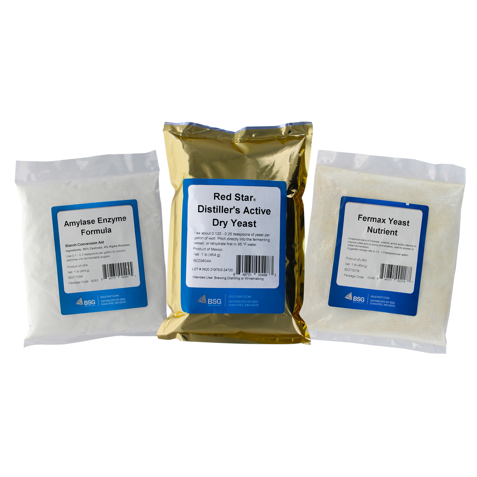 1lb Amylase Enzyme - 1lb DADY Distillers Yeast - 1lb Fermax Nutrient