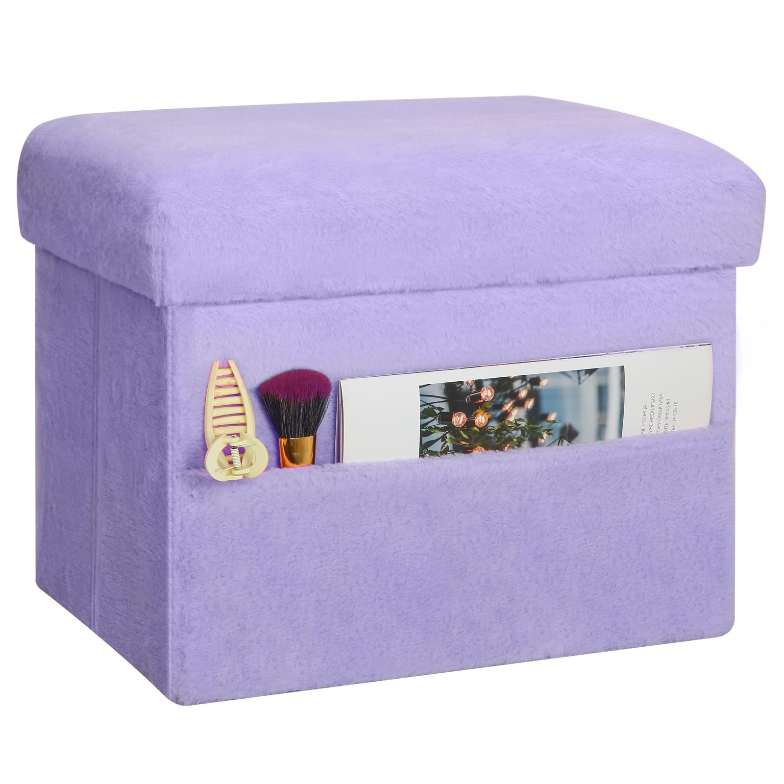 Small Ottoman with Storage, Folding Soft Fur Storage Foot Rest Stool with Thi...